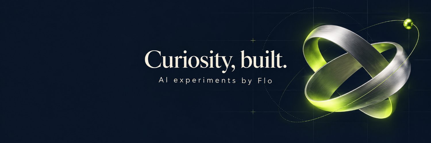 Curiosity, built — a metallic orbital form glowing in Flo's lime green