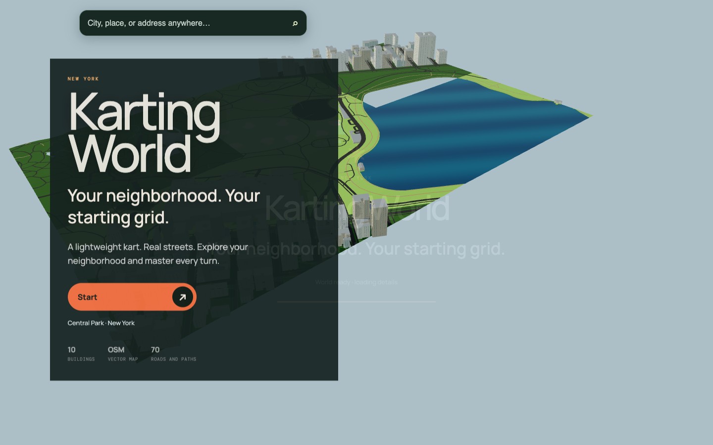 Karting World over a 3D map of Central Park