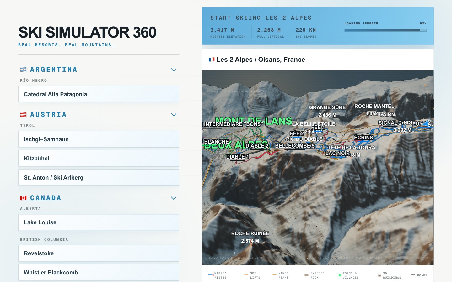 Ski Simulator 360 showing the terrain of Les 2 Alpes