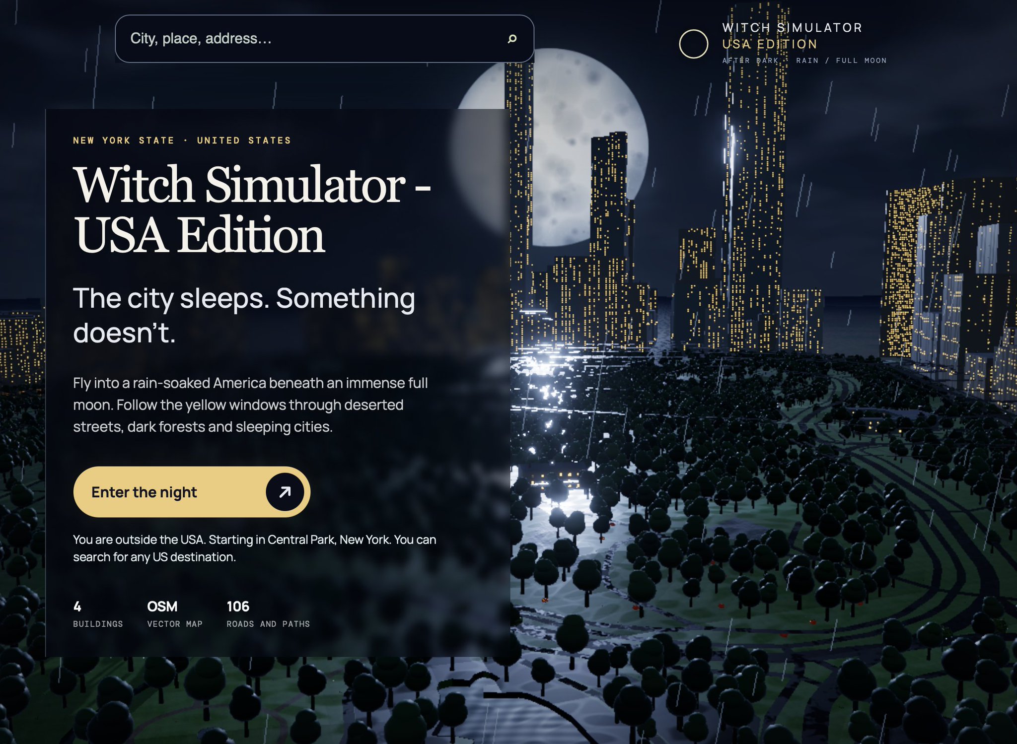 Witch Simulator over a moonlit New York