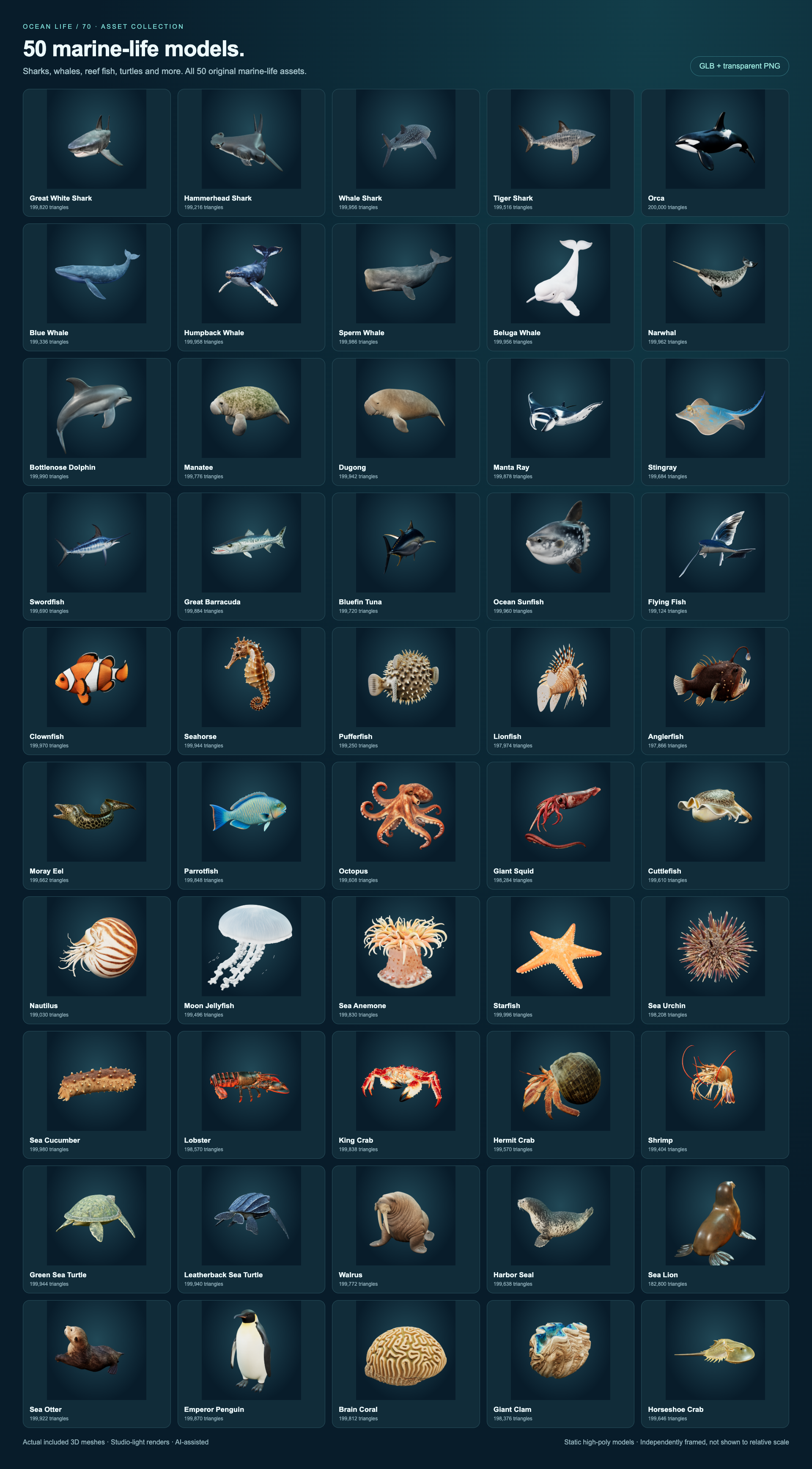All 50 marine-life rendered model previews